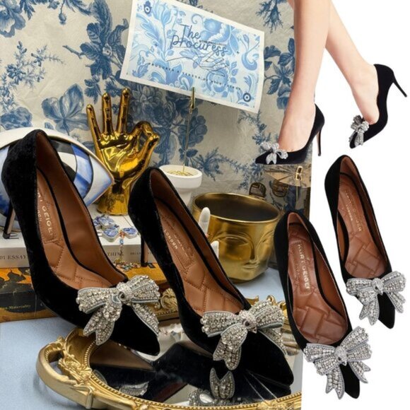 🆕 KURT GEIGER LONDON 🧿 NWOB Belgravia Bow Court Heel, Black Velvet Sz 38 US7.5 - Picture 1 of 16
